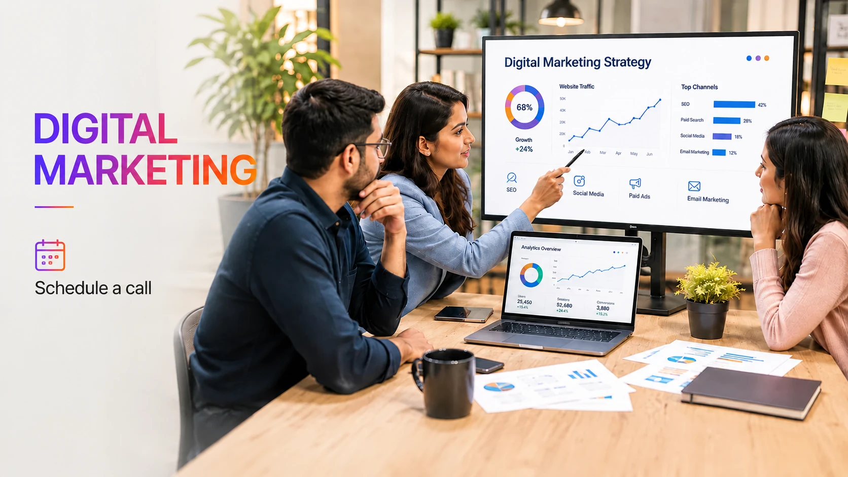Digital marketing consultation with a team reviewing traffic, campaign channels and growth strategy.