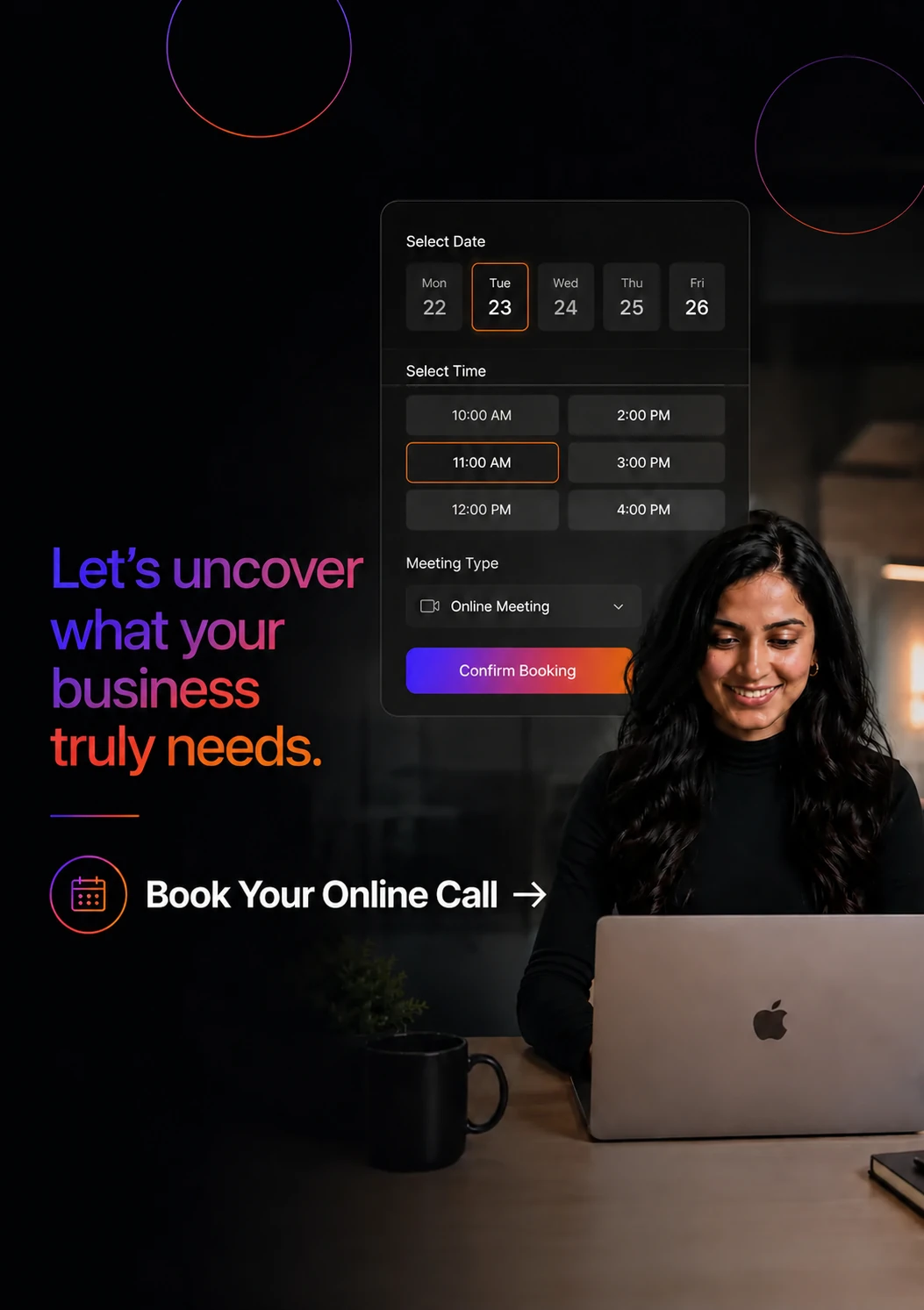 Online discovery-call artwork featuring a consultant, booking calendar and meeting controls.