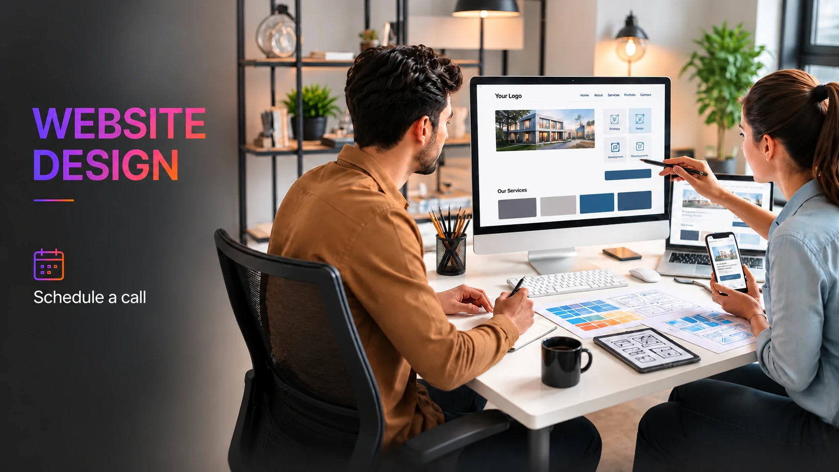 Website design consultation reviewing responsive desktop and mobile layouts with wireframes.
