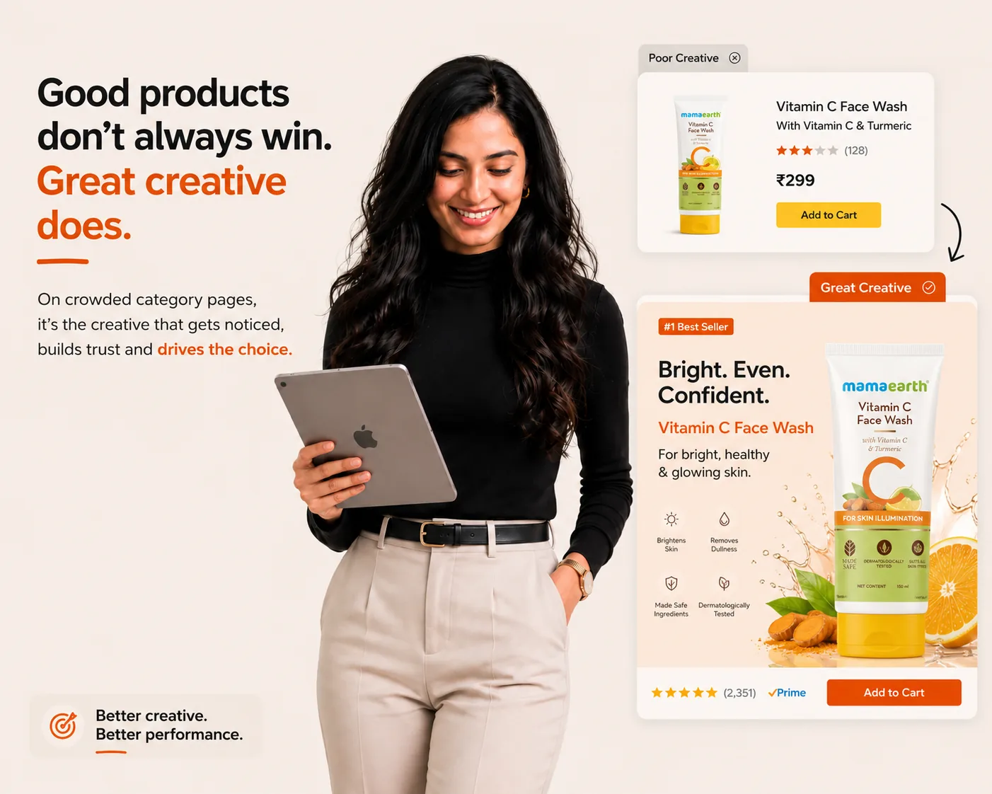 Marketplace creative concept showing a model with a tablet and a comparison of basic and enhanced Mamaearth product listings.