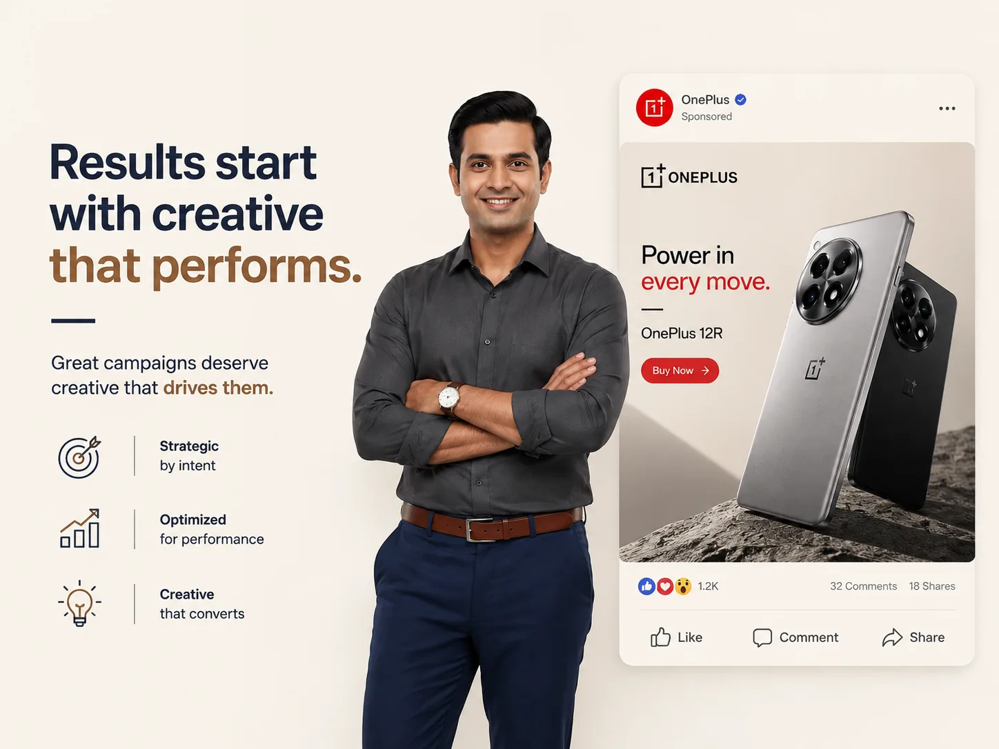 Performance creative concept featuring a model beside a OnePlus sponsored-ad mockup.