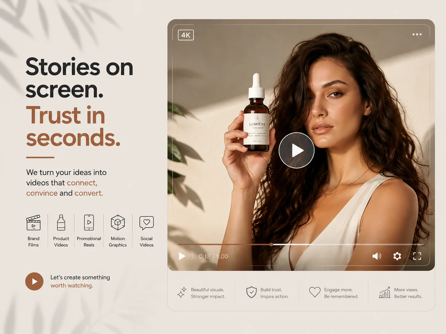 Static video creative concept featuring a model holding skincare serum in a video-player mockup.