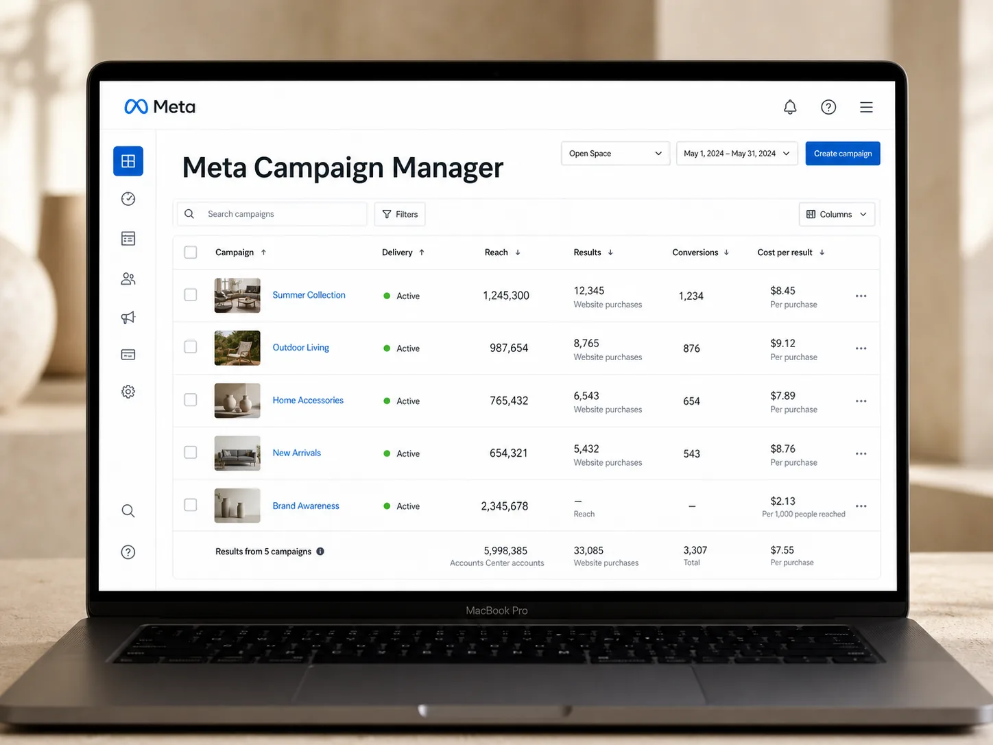 Meta Campaign Manager dashboard displayed on a laptop