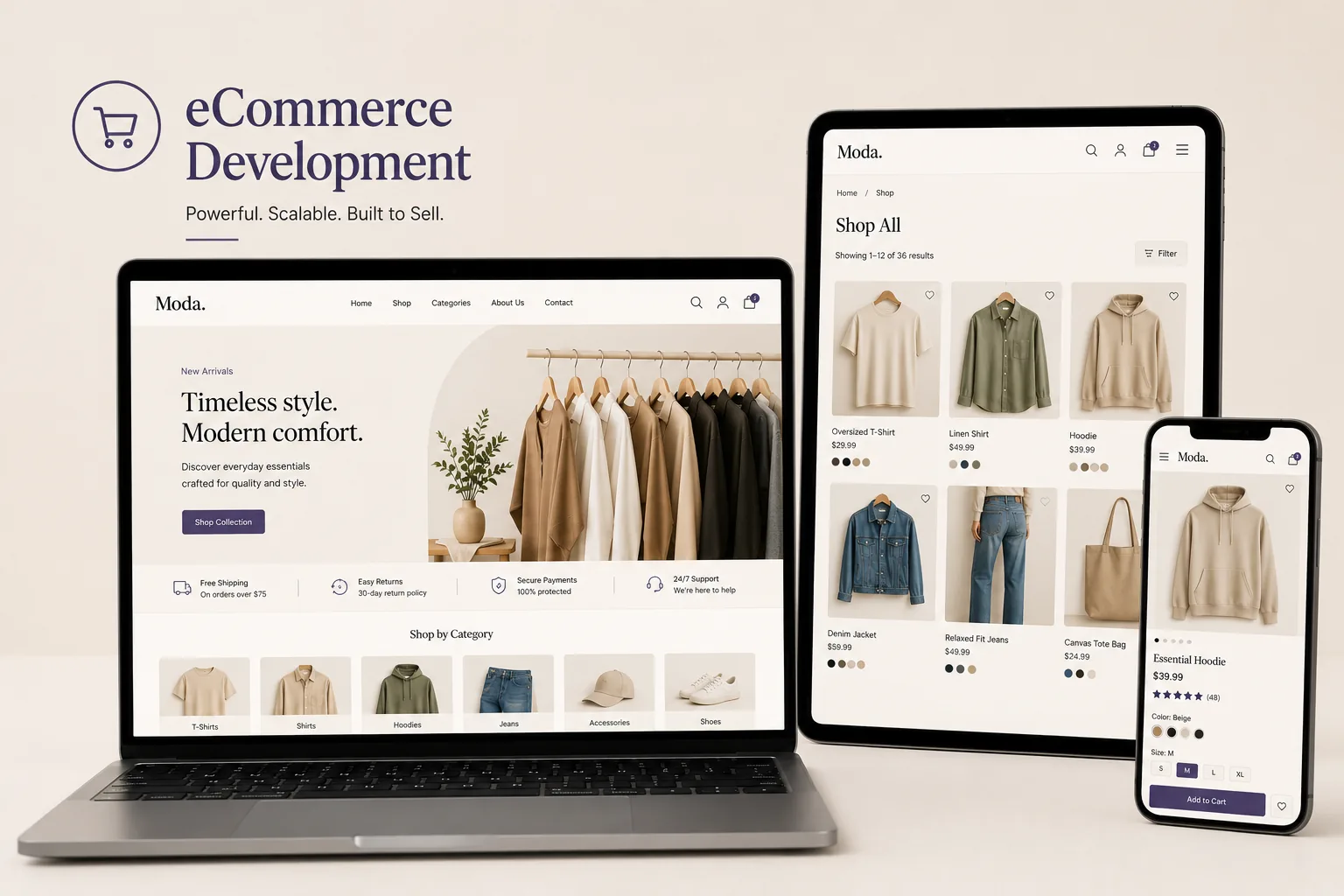 Responsive eCommerce storefront displayed across laptop, tablet and mobile screens