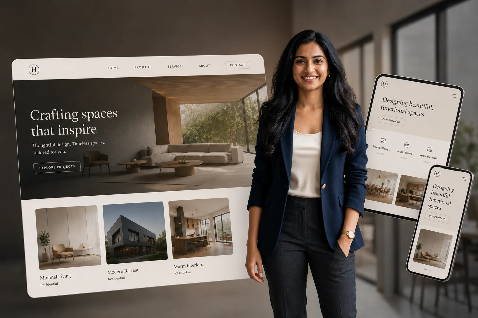 Website design professional alongside desktop, tablet and mobile website layouts