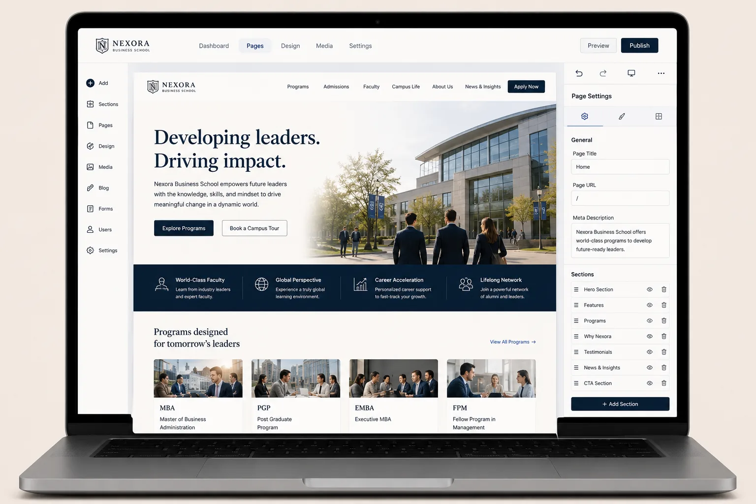 Nexora business school landing-page concept displayed in a visual website editor on a laptop.