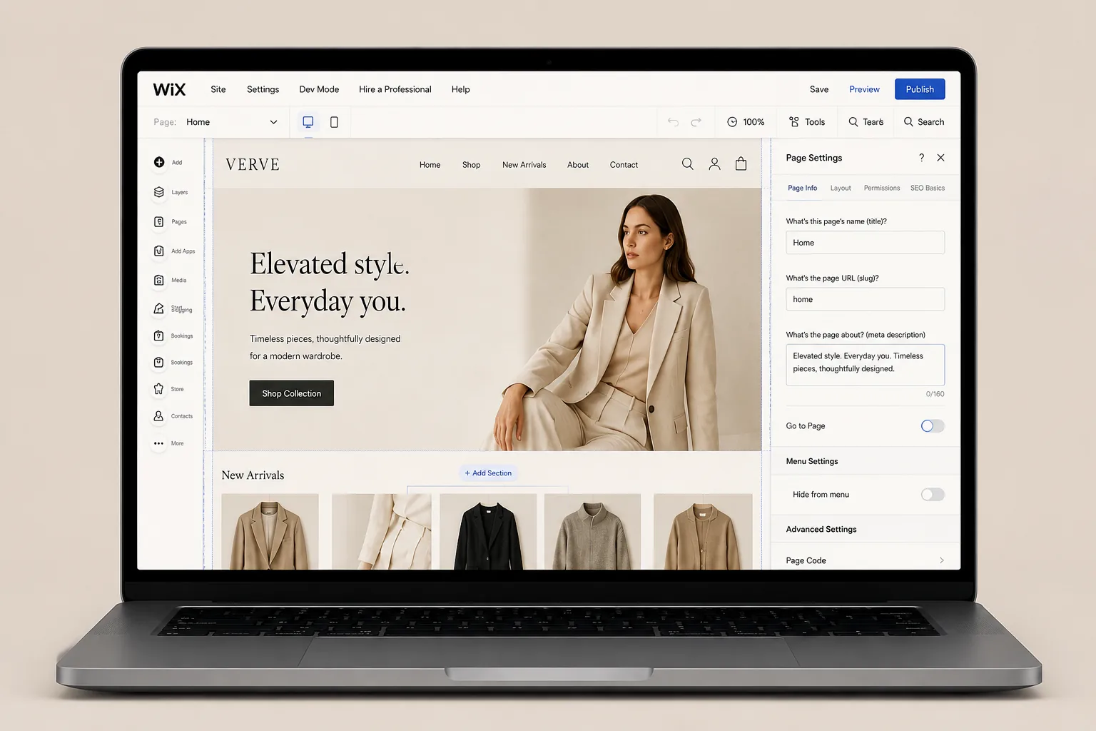 Wix editor mockup showing a Verve fashion website and editable page settings on a laptop.