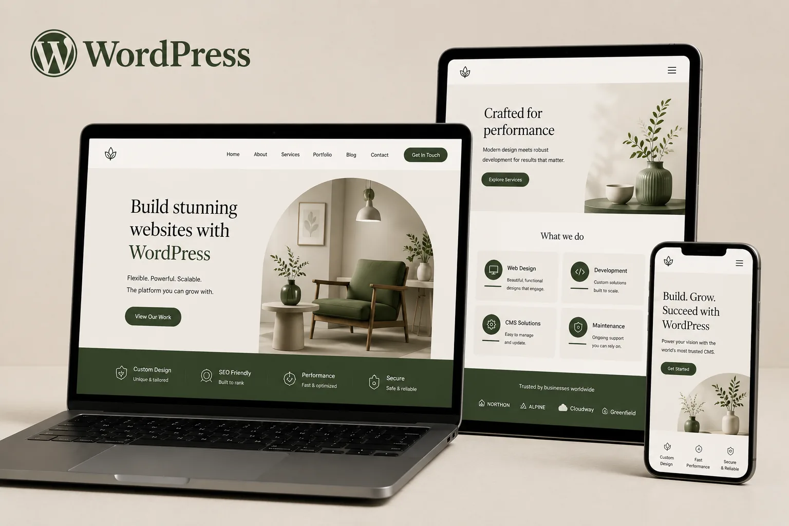Responsive WordPress website displayed across laptop, tablet and mobile screens
